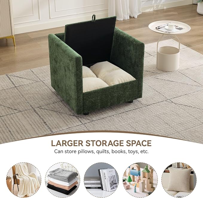 30" Cloud Modular Single Sofa Chair with Storage, Modern Upholstered Accent Chair Deep Seat, Chenille Reading Lounge Armchair for Living Room, Bedroom, Small Space, Green