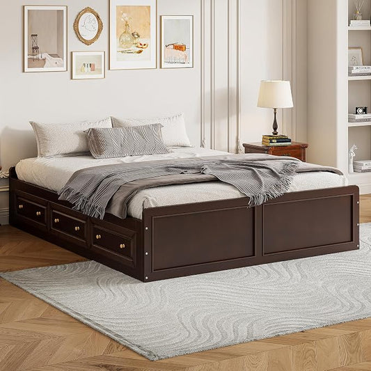 Merax Wood Queen Size Platform Bed Frame with 6 Drawers, Storage Bed Frame Without Headboard for Kids Teens and Adults, Espresso