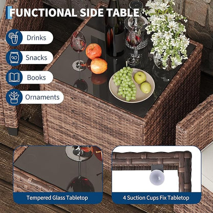 GarveeLife 3 Pieces Patio Furniture Set, PE Rattan Patio Conversation Set with Tempered Glass Tabletop, Outdoor Wicker Chairs and Table Set for Patio Balcony Garden, Brown & Beige