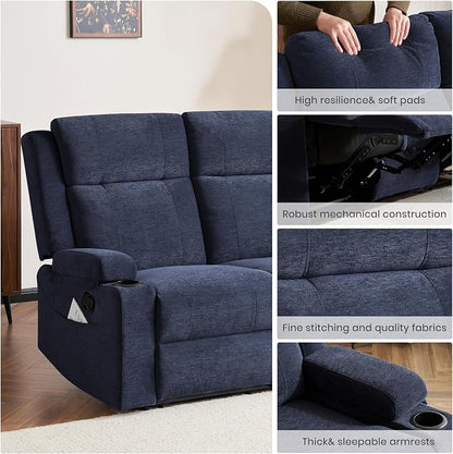 GUEAPY 55" Loveseat Reclining Sofa with Cup Holders – Manual Double Reclining Sofa for Aprtment & Small Spaces, Chenille Fabric Reclinig Couch with Wide Armrests & Side Storage for Livingroom Blue