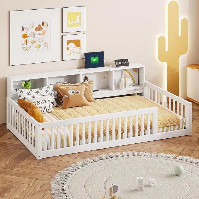 Bellemave Kids Montessori Floor Bed Twin XL Size,Floor Bed Frame with Bookcase and Charging Station for Kids Boys Girls,White