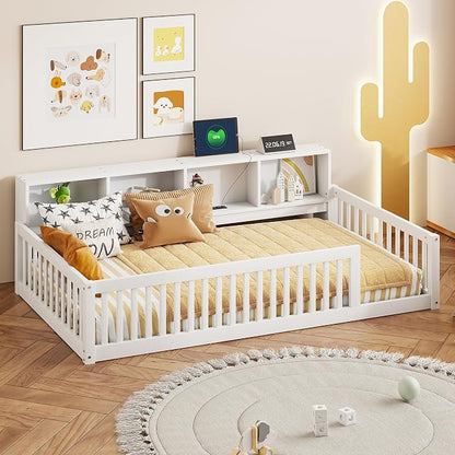 Bellemave Kids Montessori Floor Bed Twin XL Size,Floor Bed Frame with Bookcase and Charging Station for Kids Boys Girls,White
