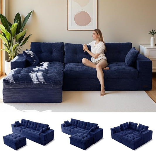 MAXYOYO 96" L Shaped Modular Sectional Sofa with Ottoman, Cloud Boneless Couch with Layered Cushion, Upholstered Flexible Module Combination Sofa for Living Room, No Assembly, Navy