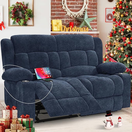 Loveseat Recliner Sofa, 2 Seater Minimalist Style Fabric Manual Pull Tab Reclining Loveseat with USB Charge Ports, Cup Holders, Recliner Love Seat Couches for Living Room, RV, Blue
