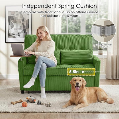 Sleeper Sofa Bed, 54'' Convertible Pull Out Couch with Small Table| USB Port | Stand Table| Corduroy Fabric | Adjustable Backrest for Apartment, Office, Bedroom, Guest Room(Green)