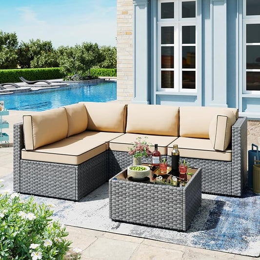 SUNLEI 5pcs Patio Outdoor Furniture Sets Conversation Set,Low Back All-Weather Rattan Sectional Sofa with Tea Table&Washable Couch Cushions(Silver Rattan)（Khaki）