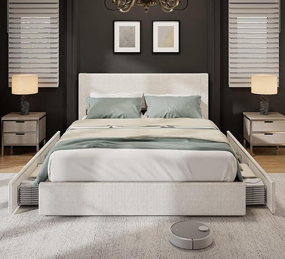 IDEALHOUSE King Size Bed Frame with 4 Storage Drawers, Corduroy Upholstered Bed Frame with Tufted Wingback Headboard, Strong Wooden Slats Support, No Box Spring Needed, Beige