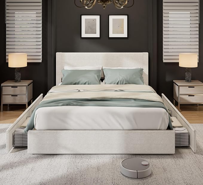 Garvee Corduroy Full Bed Frame with Headboard, Platform Upholstered Bed Frame with 4 Storage Drawers and Wooden Slats Support, No Box Spring Needed, Beige
