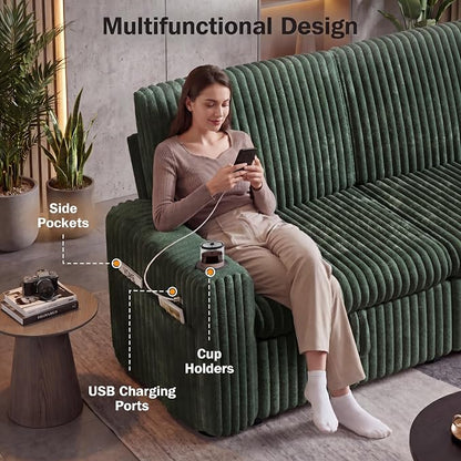 Vipbear 101" Sectional Sleeper Sofa with Pull Out Bed,5-Level Adjustable Backrest,3 Seat Modular Couch with Storage,Tool Free Assembly,USB & Cup Holders, Corduroy Sofa for Living Room, Green