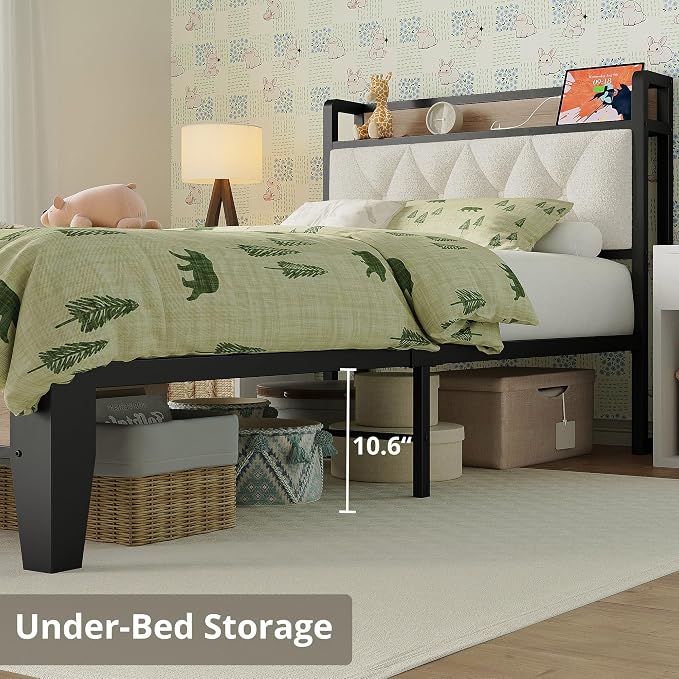 ANCTOR Twin XL Bed Frame, Storage Headboard with Charging Station, Platform Bed Frame with Strong Metal Support, Sturdy and Stable, Noise Free, No Box Spring Needed, Easy Assembly, Wood and Cream