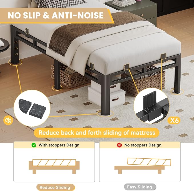14 Inch Twin XL Bed Frame, Metal Double Layer Steel 4000 lbs Capacity, Platform with Large Under Bed Storage Space, No Box Spring Needed, Noise-Free, Easy Assembly