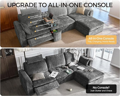 174.4'' Oversized Modular Power Recliner Sofa with Headrest, Deep Cloud Couch with Table, Charging Cup Holders, Convertible U-Shaped 6-Seater Sectional with 2 Storage Ottomans, Chenille, Grey