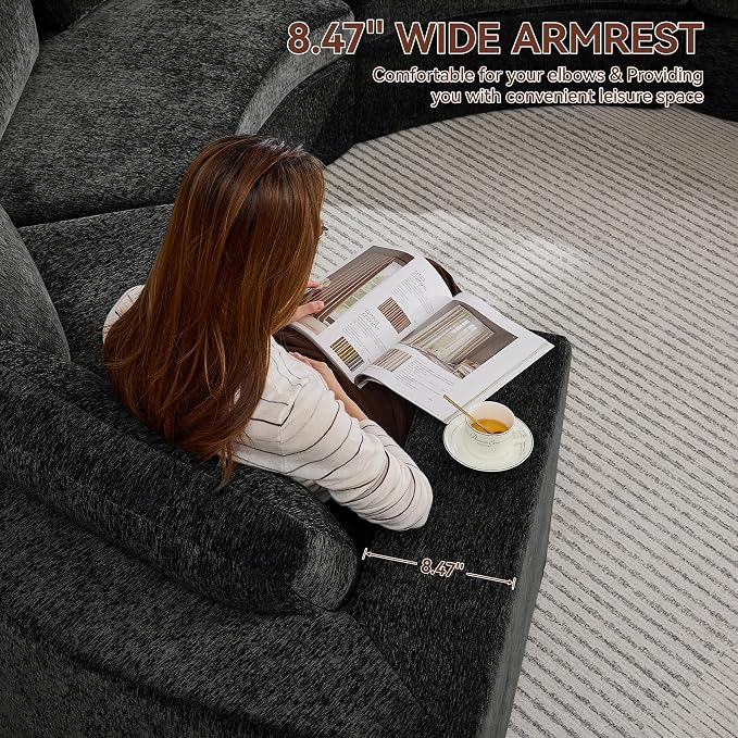 WUTUTUEE 142'' Curved Round Boneless Couch, Oversized Half Moon Sofa with Deep Seat & Arms, Chenille Modular Sectional Sofa with Pillows, Upholstered Comfy 8 Seat Couch for Living Room, Black