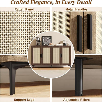 JASIWAY 48" Rattan Buffet Cabinet with Storage, Walnut Coffee Bar Cabinet | Storage Buffet With Doors and Adjustable Shelves, Sideboard Console for Kitchen, Dining Room, Living Room, Anti-Tip