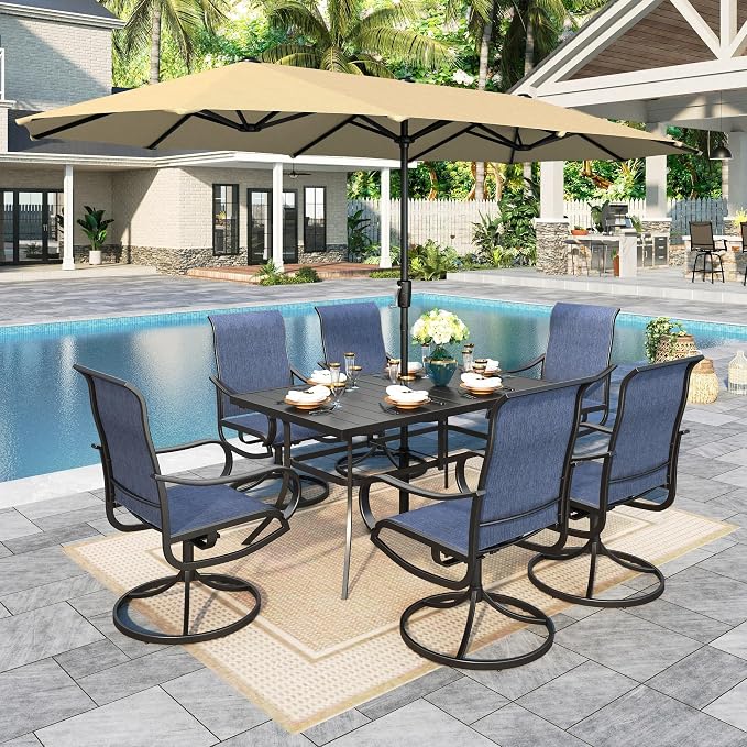 Sophia & William Patio Set with Umbrella 8 Pieces Outdoor Dining Set for 6 with 13ft Umbrella Beige, 6 x Blue Swivel Patio Chairs with 59" Dining Table for Lawn Garden (No Umbrella Base)