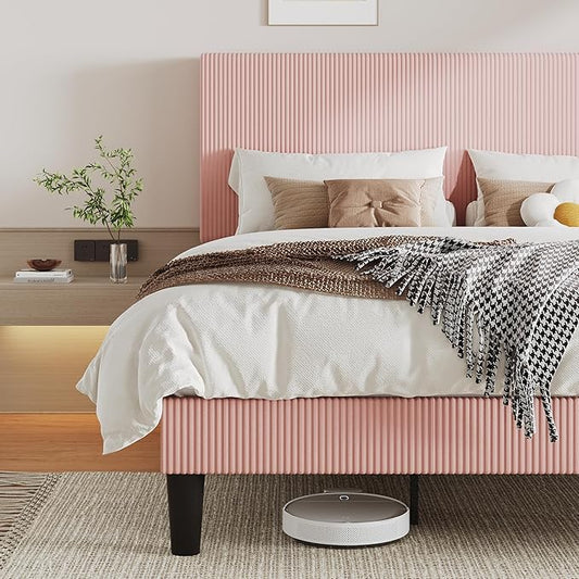 Allewie King Size Upholstered Bed Frame with Vertical Channel Tufted Headboard, Soft Corduroy Fabric Platform Bed, Strong Wooden Slats Support, Easy Assembly, No Box Spring Needed, Light Pink