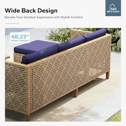MFSTUDIO Wicker Patio Furniture Set, Rattan Outdoor Couch Sectional Sofa, 5 Pieces Patio Conversation Set with Acacia Wood Coffee Table, Outdoor Rattan Furniture Set for Garden or Balcony, Navy Blue