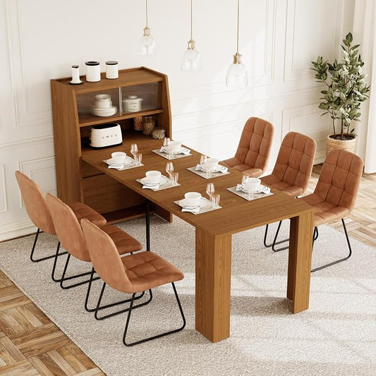 HIPIHOM Dining Table Set for 6, Extendable 86.6" with Storage | Space-saving MDF Kitchen Table with 6 Upholstered U-shaped Brown Chairs, Ideal for Apartment, Living Room
