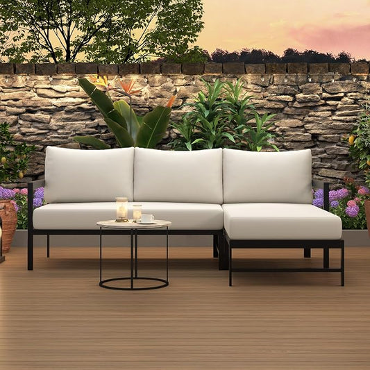 VilroCaz Outdoor L-Shaped Sectional Sofa with 5.9'' Ultra-Thick Cushions, All Weather Patio Conversation Set with Iron Frame for Balcony Garden (Beige-3.24)