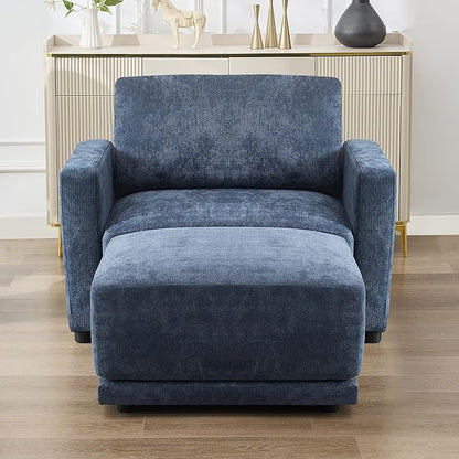 44.2" Chenille Oversized Chair with Movable Ottoman, Modular 1 Seat Couch with Thickened Cushions, Modern Single Sofa Chaise Lounge Reading Chair for Living Room, Small Apartment, Blue