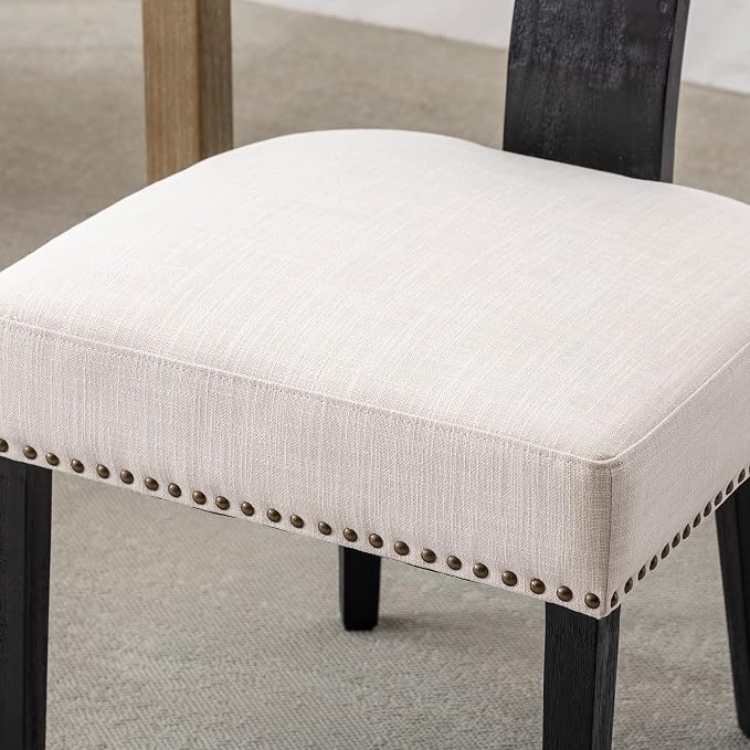 RIVOVA Mid Century Modern Dining Chairs Set of 2 Linen Fabric Upholstered Kitchen Side Chairs with Nailhead Trim, Modern Kitchen Armless Solid Wood Dining Chairs, Beige