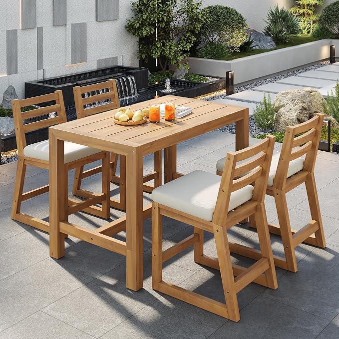 Quarte 5-Piece Acacia Wood Patio Bar Set, Rustic Outdoor Dining Table & Chairs, All-Weather Solid Wood Slatted Tabletop, Space-Saving for Garden, Patio, or Balcony (Light Teak-5)