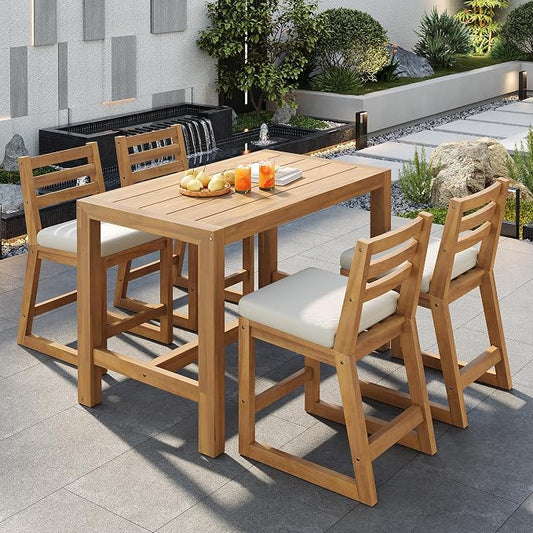 Quarte 5-Piece Acacia Wood Patio Bar Set, Rustic Outdoor Dining Table & Chairs, All-Weather Solid Wood Slatted Tabletop, Space-Saving for Garden, Patio, or Balcony (Light Teak-5)