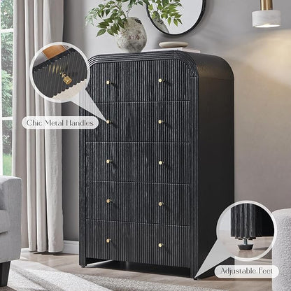T4TREAM Fluted 5 Drawers Dresser, 48" Tall Modern Chest of Drawers with Thickened Curved Profile Design, Wood Closet Clothes Storage Organizer for Bedroom, Living Room, Hallway, Black Oak