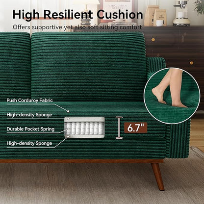 Vipbear 65.4" Loveseat Sofa,Mid-Century Modern Small Couches for Living Room, Bedroom, Office,Comfy Forest Green Corduroy Couch with Spring Cushion, Solid Wood Frame, Tool-Free Assembly