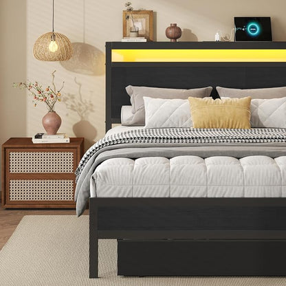 HISOFT Twin Bed Frame with Storage, Wood Headboard with Fast Charging Station, LED Lights, Platform Bed Frame Twin Size, Fabric Drawers with Wheels, No Box Spring Needed, Noise Free, Classic Black