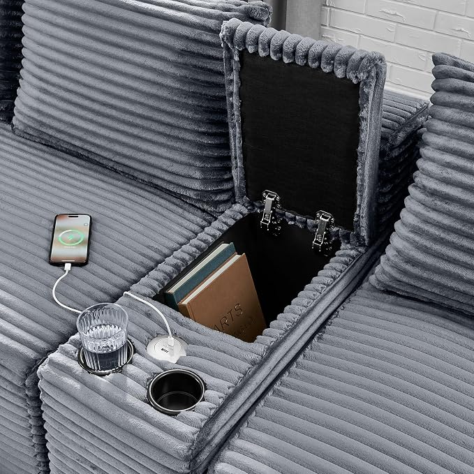 127" U-Shaped Cloud Sectional Couch Oversized Modular Compressed Boneless Sectional Sofa with Ottoman Chaise Lounges & Console, Plush Corduroy Boneless Symmetrical Sofa