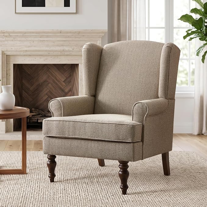 HUIMO Printed Wingback Accent Chair, Linen Upholstered High Back Armchair, Comfy Reading Chair for Living Room Bedroom Study, 300lbs Weight Capacity (1, Brown with Lines)