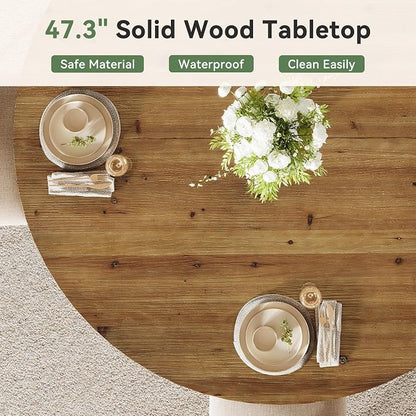 47.3" Solid Wood Dining Table for 4-6, Round Kitchen Table with Wood Legs, Farmhouse Kitchen & Dining Room Furniture, Brown