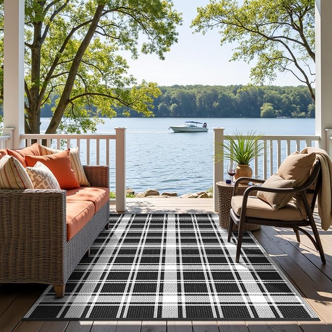 GENIMO Waterproof Outdoor Rug for Patio Clearance, 6'x9' Reversible Plastic Straw Rugs, Lightweight RV Camping Mat for Camper, Balcony, Deck, Backyard, Picnic, Black White Plaid