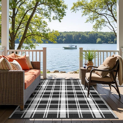 GENIMO Waterproof Outdoor Rug for Patio Clearance, 6'x9' Reversible Plastic Straw Rugs, Lightweight RV Camping Mat for Camper, Balcony, Deck, Backyard, Picnic, Black White Plaid