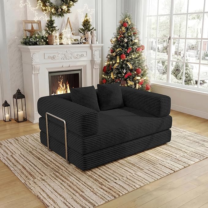 BSHOMGI Convertible Sofas Boneless Couches with 2 Pillow, Modern Corduroy Futon Bed, Modular Queen Sofa with Pull-Out Bed, LoveSeat for Living Room, Small Space Apartment BlackDouble Sofa