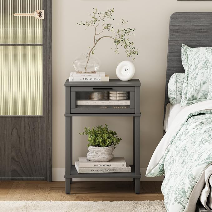 Nightstand Wooden Bedside Table with Drawer Grey Night Stands Modern Style Small End Table Side Table with Storage Shelf for Bedroom Living Room MLBZ10G