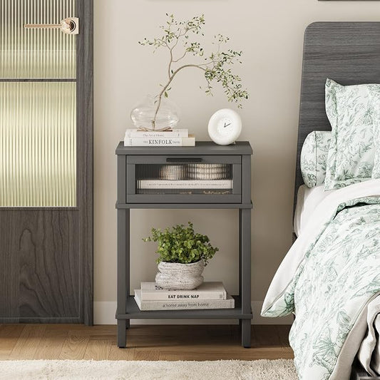 Nightstand Wooden Bedside Table with Drawer Grey Night Stands Modern Style Small End Table Side Table with Storage Shelf for Bedroom Living Room MLBZ10G