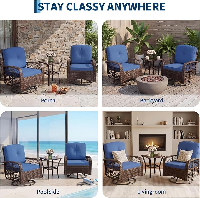 Garvee 3 Pieces Patio Furniture Set, Outdoor Swivel Glider Rocker Set w/Washable Cushion and Tempered Glass Tabletop, Conversation Furniture for Deck Porch Balcony Backyard Garden,Brown & Blue