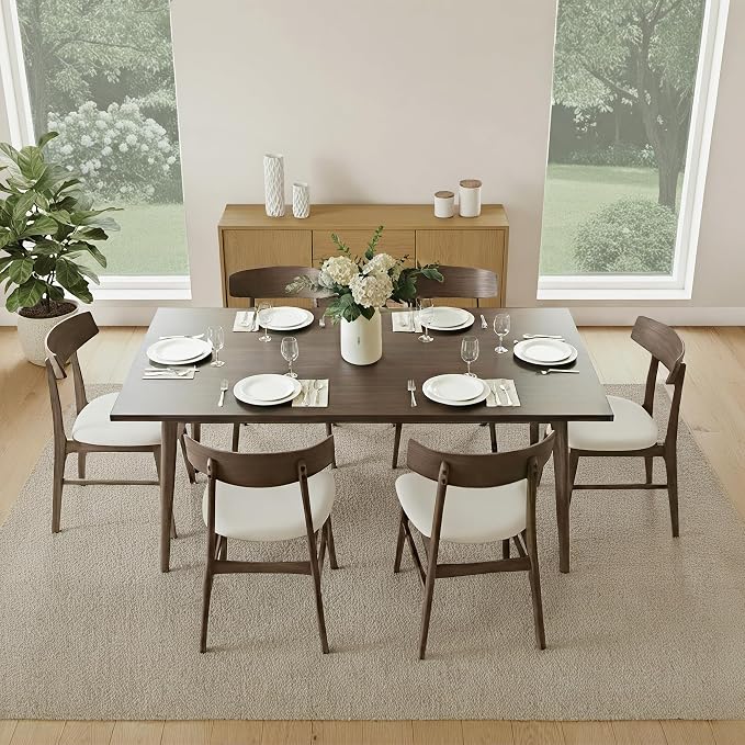 KISLOT Wooden Dining Chairs Set of 6, Upholstered Modern Dining Room Chairs, Mid Century Oak Kitchen Chairs with Curved Wood Backrest for Farmhouse, Restaurant, Café (Cream Fabric & Walnut Color)