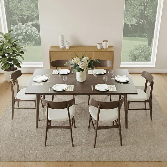 KISLOT Wooden Dining Chairs Set of 6, Upholstered Modern Dining Room Chairs, Mid Century Oak Kitchen Chairs with Curved Wood Backrest for Farmhouse, Restaurant, Café (Cream Fabric & Walnut Color)