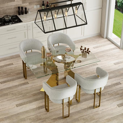 Dining Chairs Set of 4, Off White Boucle Upholstered Dining Room Chairs with Brushed Gold Metal U-Shaped Legs, Luxury Side Chairs with Arms