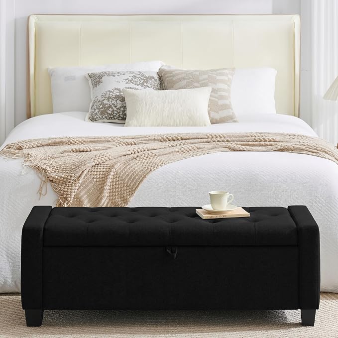 Huatean Home 43" Ottoman with Storage, Black Storage Ottoman Bench with Safety Hinge, Upholstered Entryway Bench with Seating for Bedroom, Living Room, Holds up to 330 lb