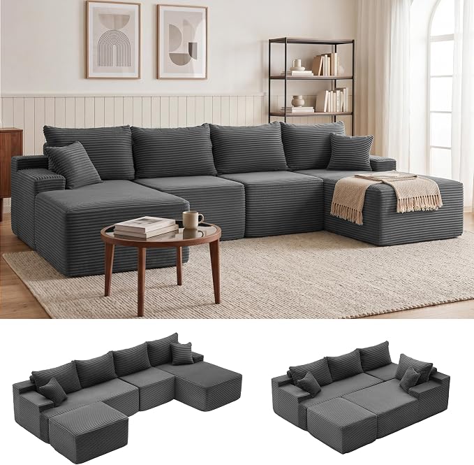Mangodan 118'' Cloud Sectional Couch, U Shaped Boneless Couches for Living Room, Modular Sectional Sofa with Deep Seat Right Facing Chaise, Comfy Cloud Couch Sofa, Gray