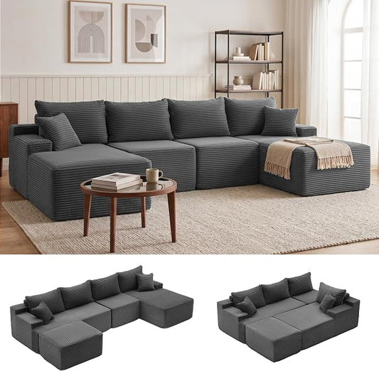 Mangodan 118'' Cloud Sectional Couch, U Shaped Boneless Couches for Living Room, Modular Sectional Sofa with Deep Seat Right Facing Chaise, Comfy Cloud Couch Sofa, Gray