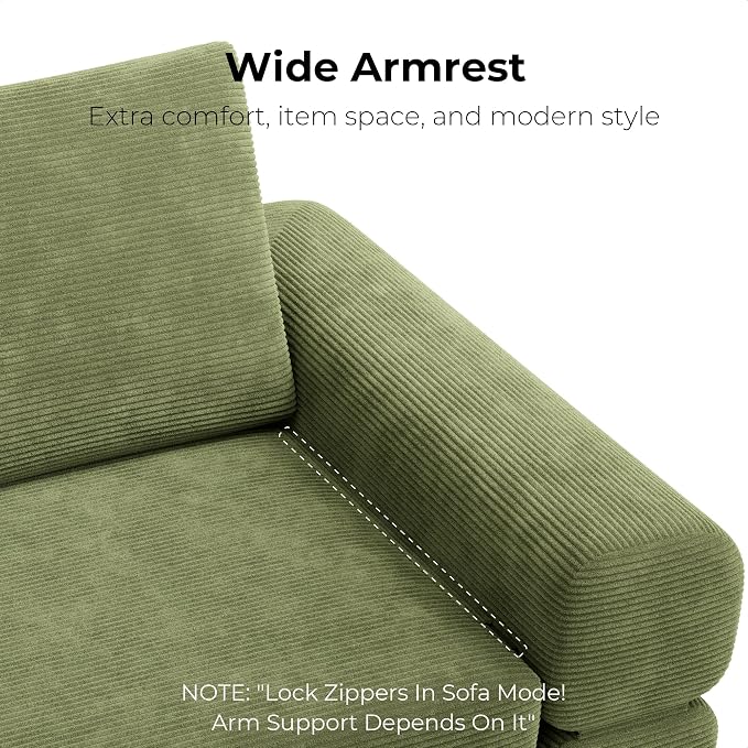 LIKIMIO FlipNest Convertible Sleeper Sofa Bed Floor Sofa 3-in-1 No Assembly, Foldable Mattress with Corduroy Upholstery Olive Green, Lounge Loveseat Couch for Living Room Studio Guest Room