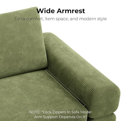LIKIMIO FlipNest Convertible Sleeper Sofa Bed Floor Sofa 3-in-1 No Assembly, Foldable Mattress with Corduroy Upholstery Olive Green, Lounge Loveseat Couch for Living Room Studio Guest Room