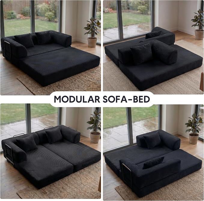 ZEIINPA 59“ Convertible Floor Sofa Bed, 5-in-1 Futon Sofa Bed Modular Sleeper Couch, Corduroy Pull Out Loveseat with Curved Armrest, Boneless Couches for Living Room, No Assembly Required, Black