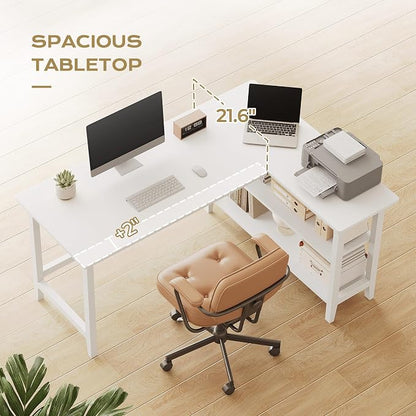 IOTXY Reversible L-Shaped Office Desk - 53" Modern Corner Computer Table with Storage Shelves, Solid Wood Legs, Home Writing & Study Workstation, White