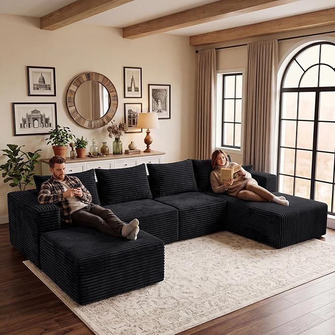 Modular Sectional Sofa, Boneless Compressed Sofa in a Box, U-Shaped Cloud Couch with Deep Seats & Chaise for Living Room, No Assembly Required (Black, 118" U-Shape with Right Facing Chiase)